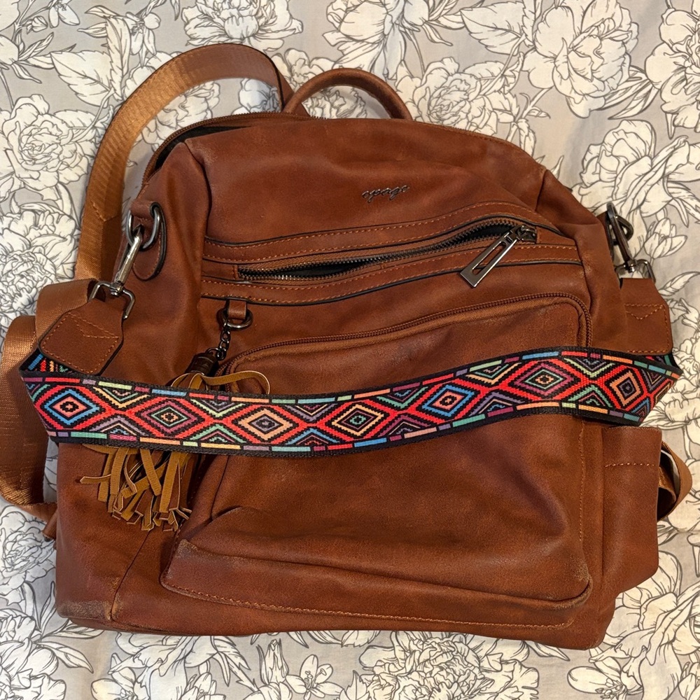 Brown Leather Backpack with Colorful Strap